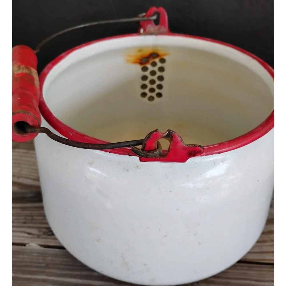 🏕️🚙Enamelware Kettle Coffee Pot White Red Wood Handle Farmhouse Camp Cowboy